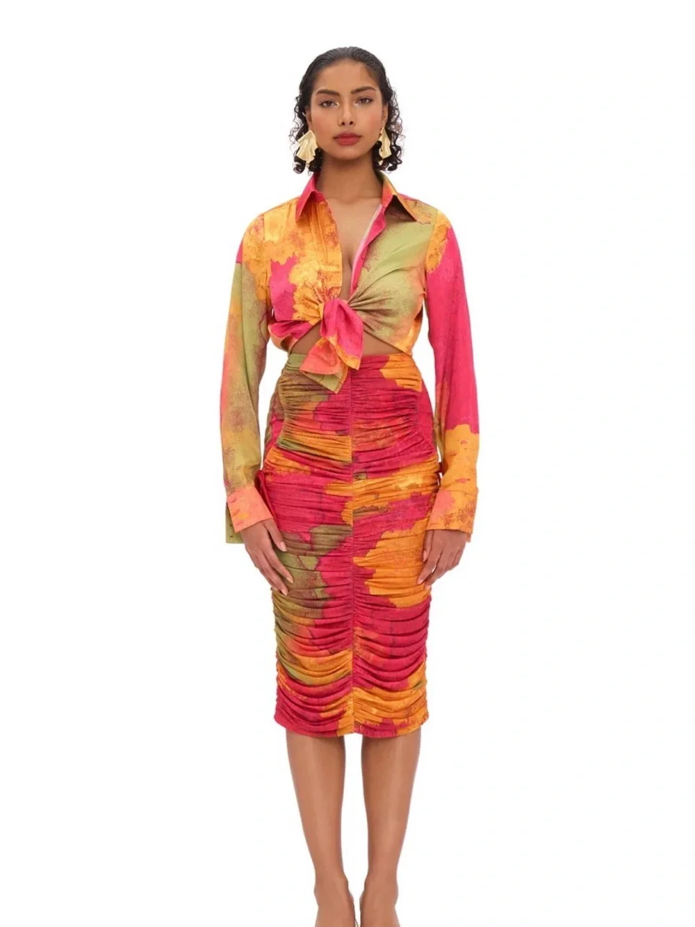Andrea Iyamah TAKA Mesh Ruched Midi SKIRT in Pink & Orange ERO - II PRT NEW NWT